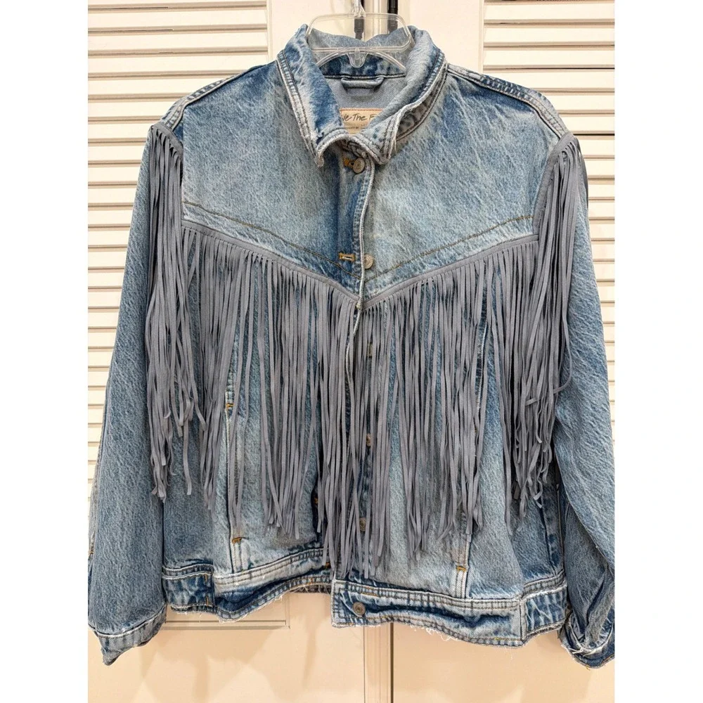 Free People Blue Fringe Jean Jacket - Picture 3 of 8
